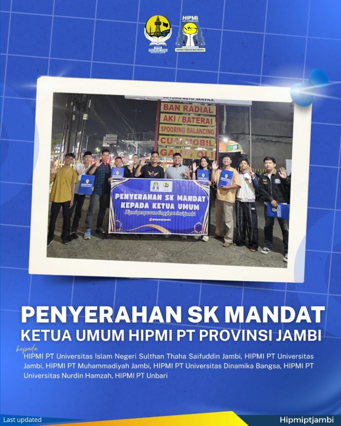 
					Ketua Umum BAKORDA HIPMI PT Jambi Resmi Serahkan SK Mandat Ketua HIPMI Perguruan Tinggi di Jambi